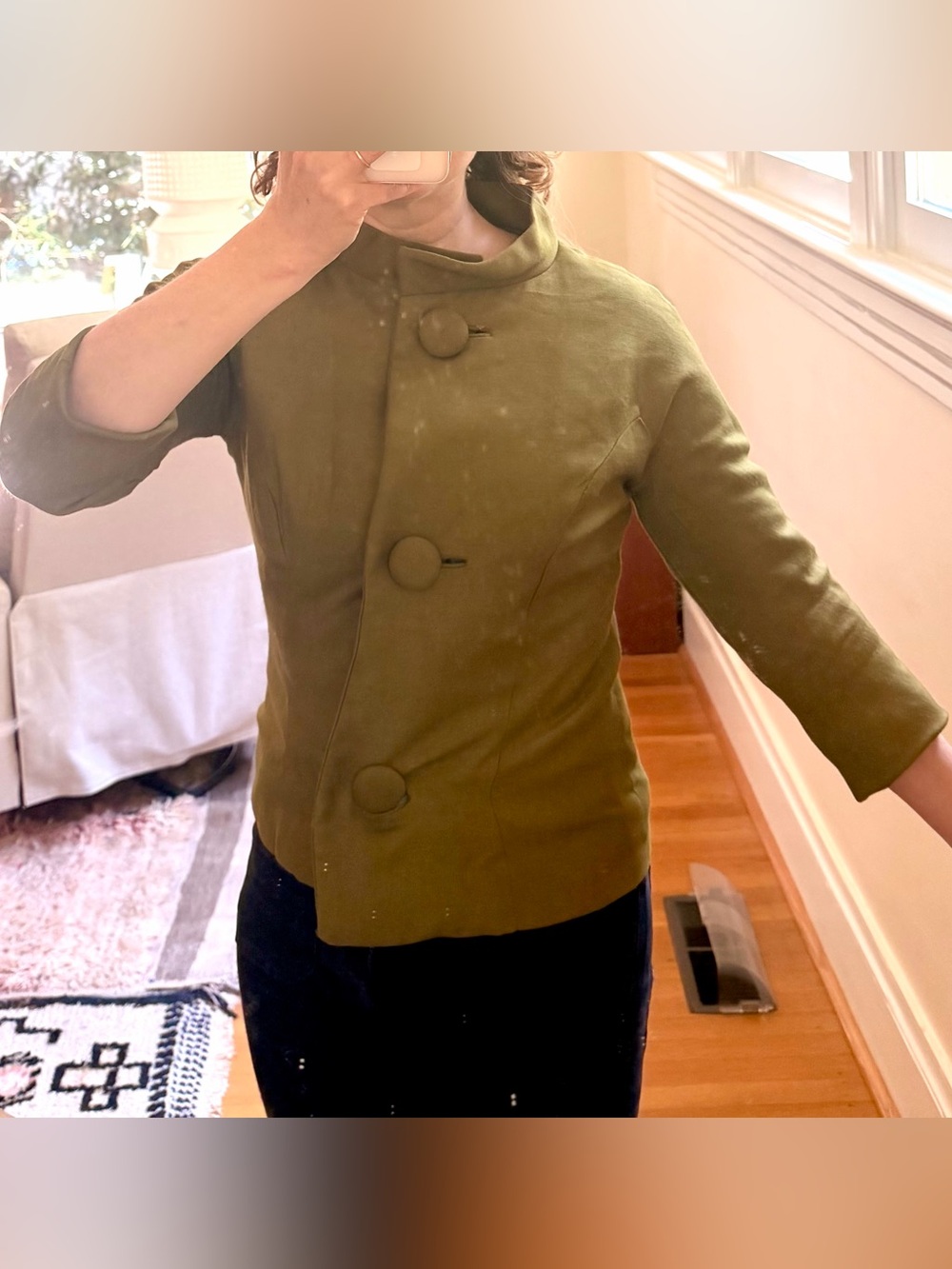 Vintage Silk Olive Green Big Button Jacket